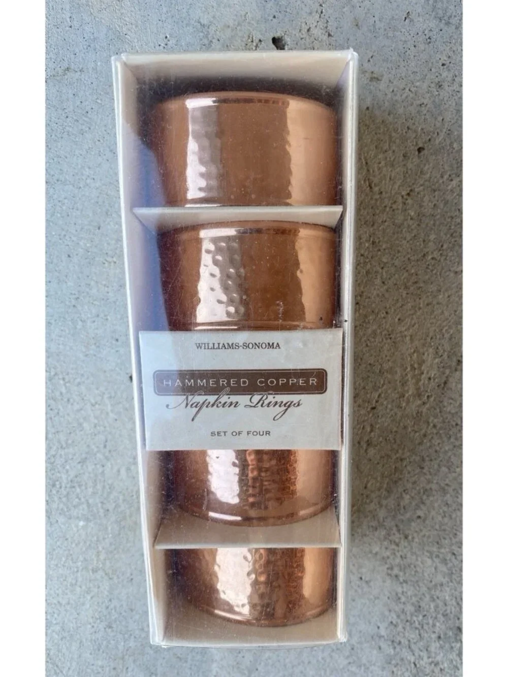4 Williams Sonoma Vintage Hammered Copper Napkin Rings